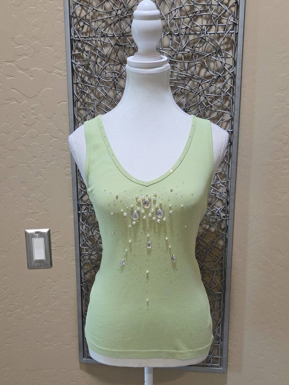 Allen B. Pearl And Sequin Embellished V-Neck Ribbed Tank Top In Kiwi